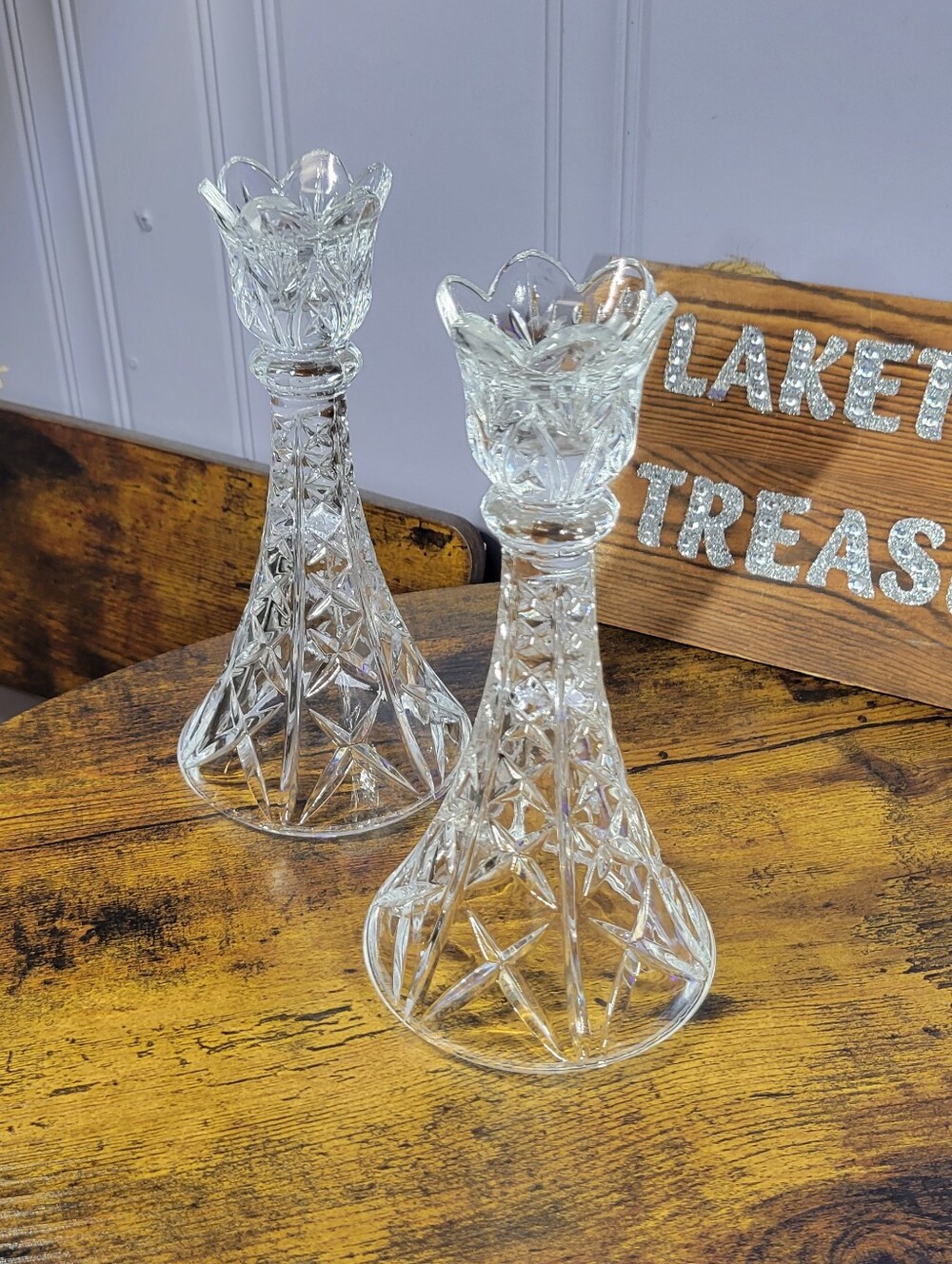 Imperial Cut Crystal Pair of Candle Holders - Clear Glass